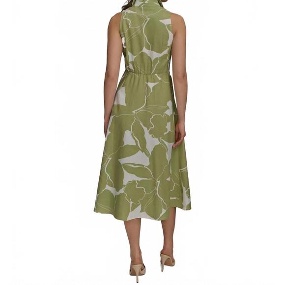 NEW DONNA KARAN printed linen blend shirt dress in green - Picture 4 of 6